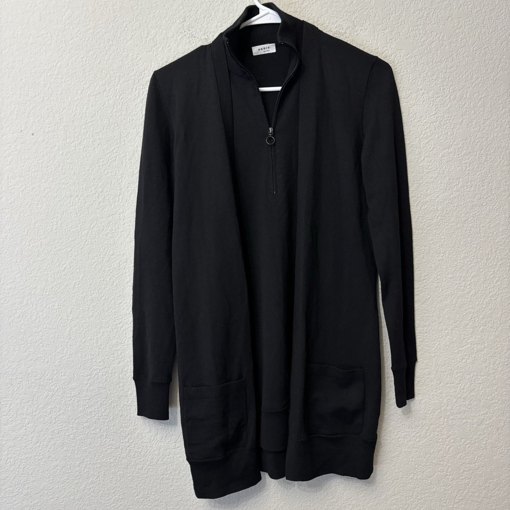 Akris Punto Women's Black 100% Wool Long Cardigan Sweater Jacket Zip Front Sz 4